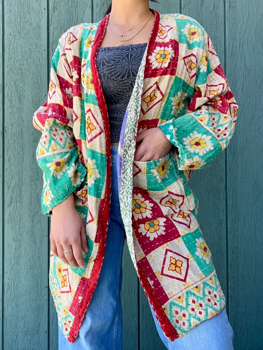 Vintage Floral Patchwork Reversible Duster - Red, Teal, Yellow, Purple
